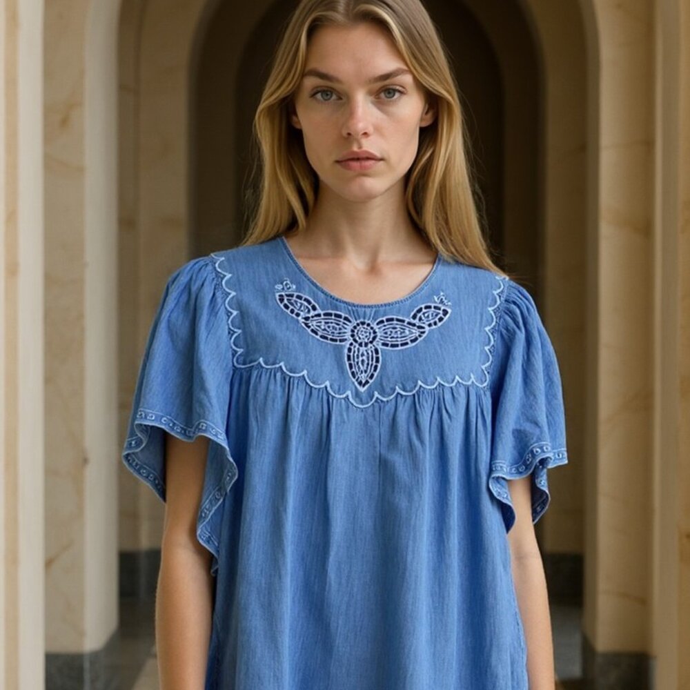 Swing Eyelet-Trim Popover Blouse Dark Wash